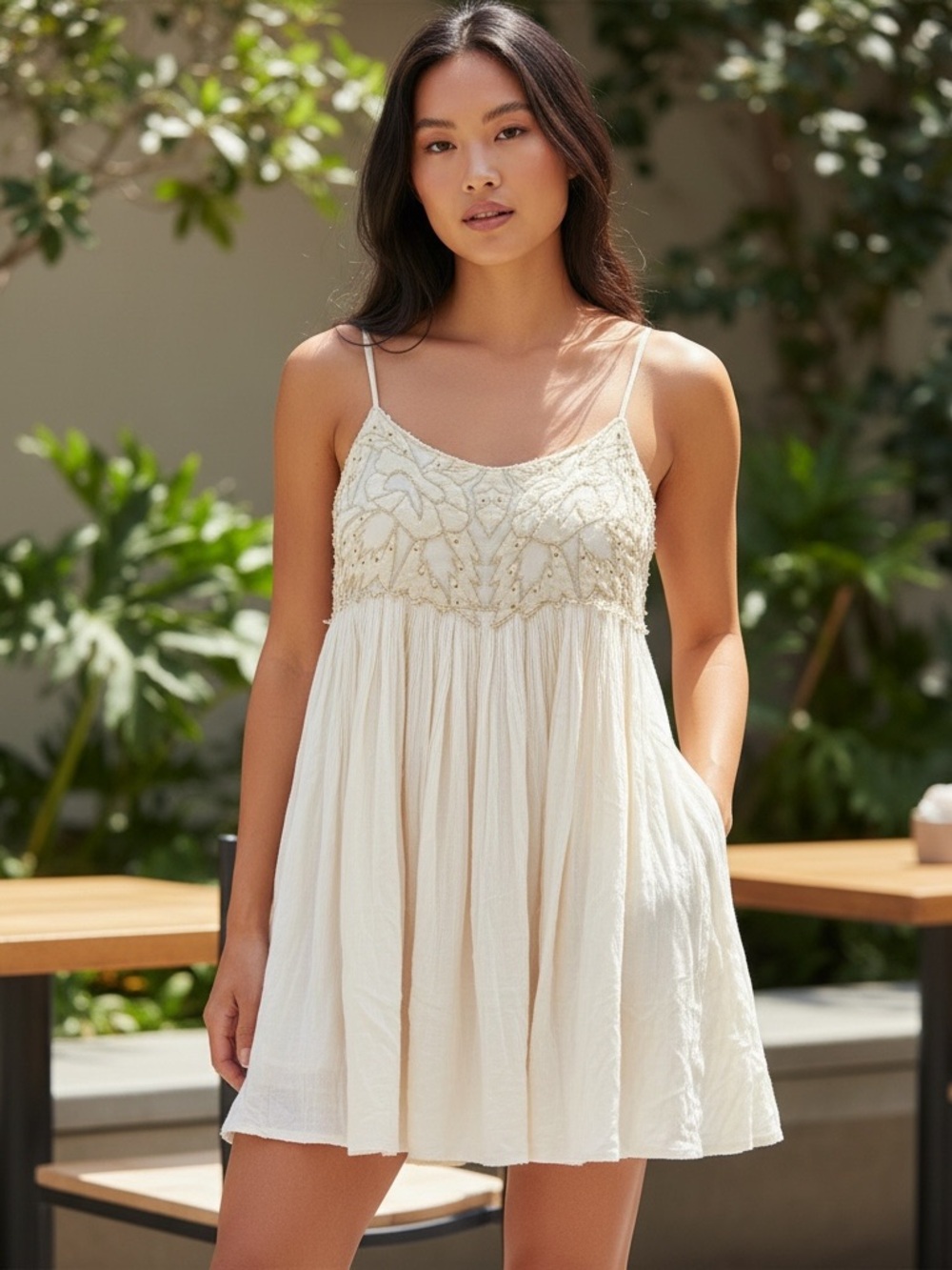 Free People Pleated Gold Beaded Babydoll Dress Cream Size 12